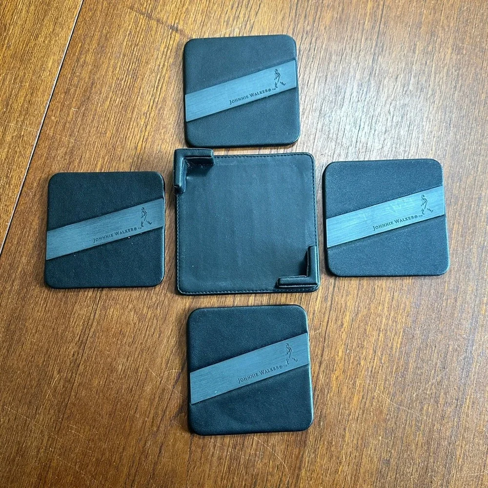 Johnnie Walker Black Faux Leather Coaster Set 4 Piece & Holder Barware Man Cave